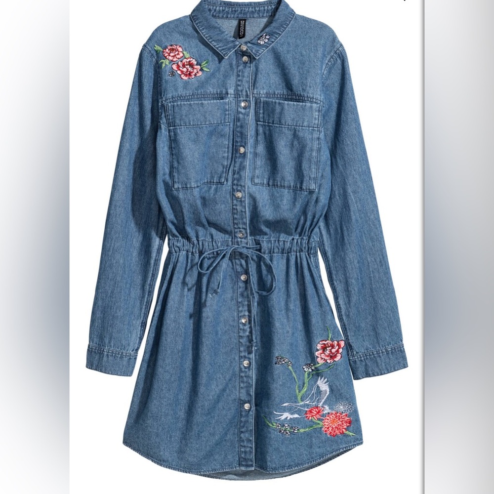 Divided Blue Denim Dress with Floral Embroidery